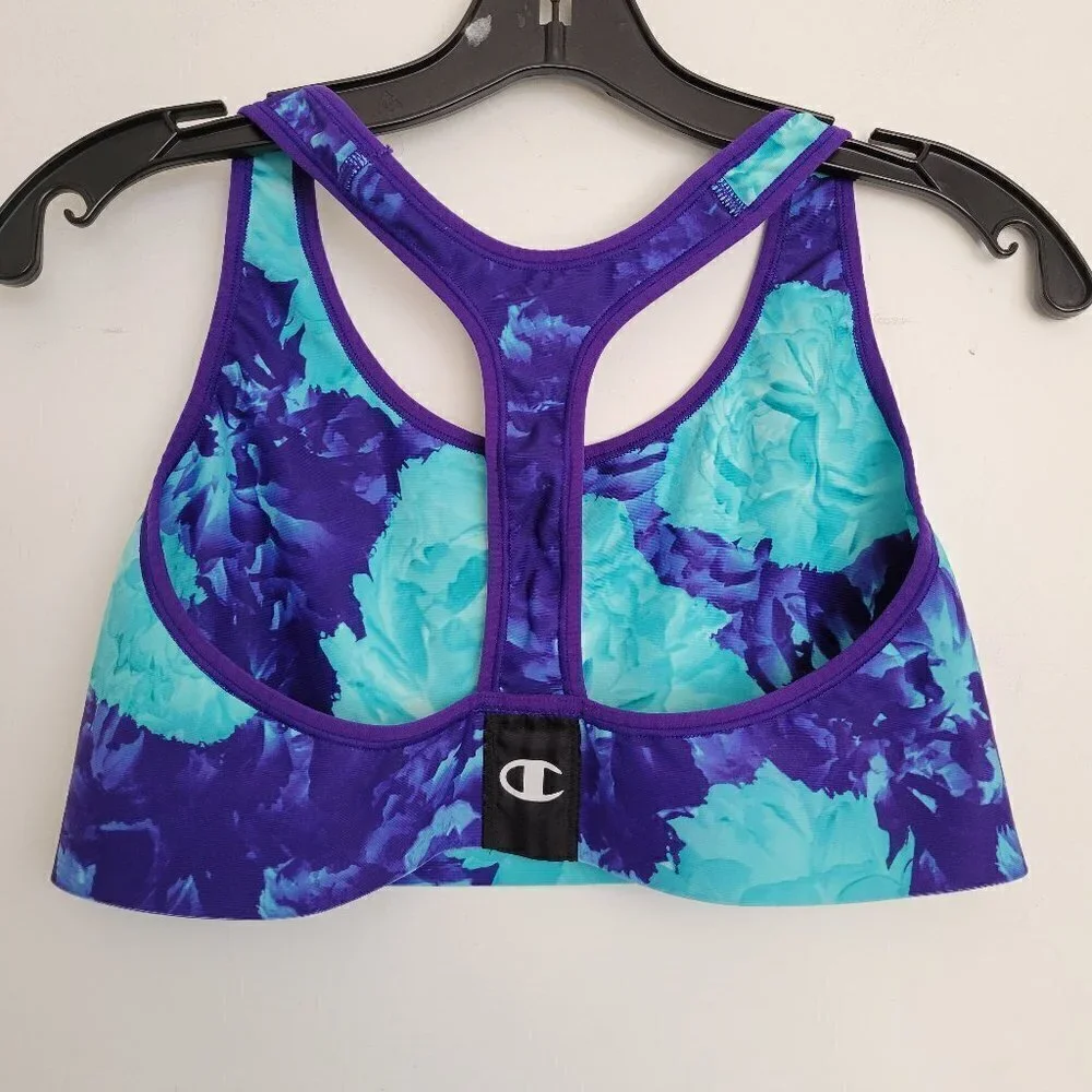 Champion Blue Purple Floral Watercolor Print Racerback Sports Bra Size Large